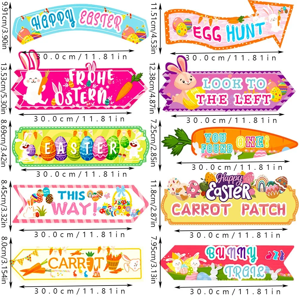 10-piece Easter Pendant Direction Paper Signs Decorative Props, Cute Rabbit Radish Lawn Pendant Party Decorations.