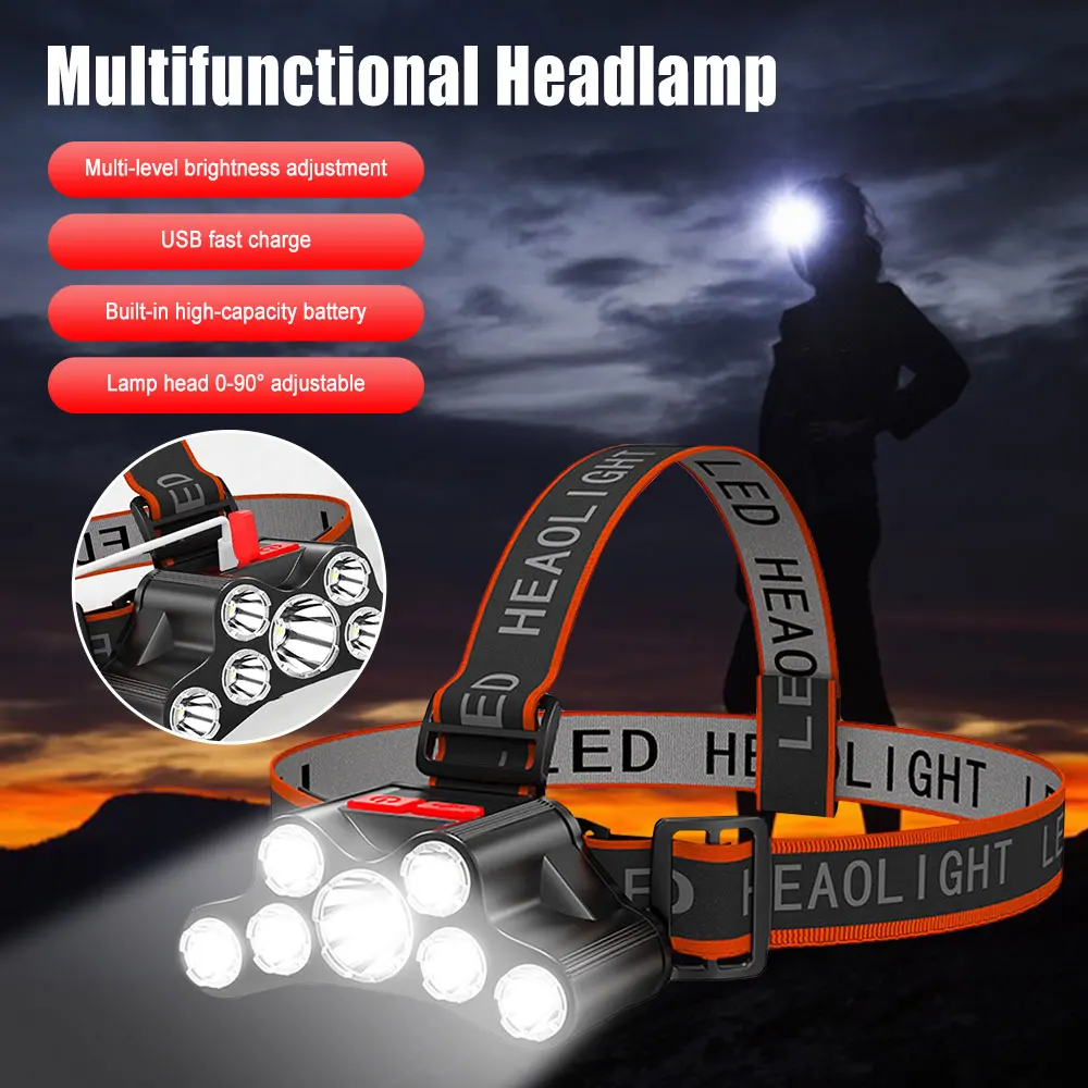 7LED rechargeable powerful led headlamp USB Led Headlight Super Bright 4 Working Modes Headlamp Waterproof Flashlight For Night