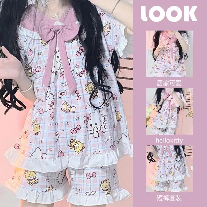 

Kawaii Sanrio Cartoon Pajamas Cute Bowknot Kitten Leisure Short Sleeve Wear Comfortable Spring Summer Creative Children Gifts