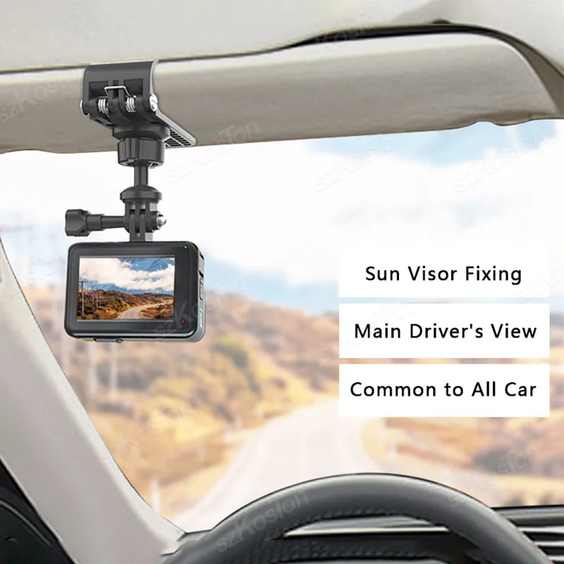 Démonstration de la rotule 360° universelle du support pare-soleil pour caméra action, s'adaptant à différents modèles GoPro et DJI.