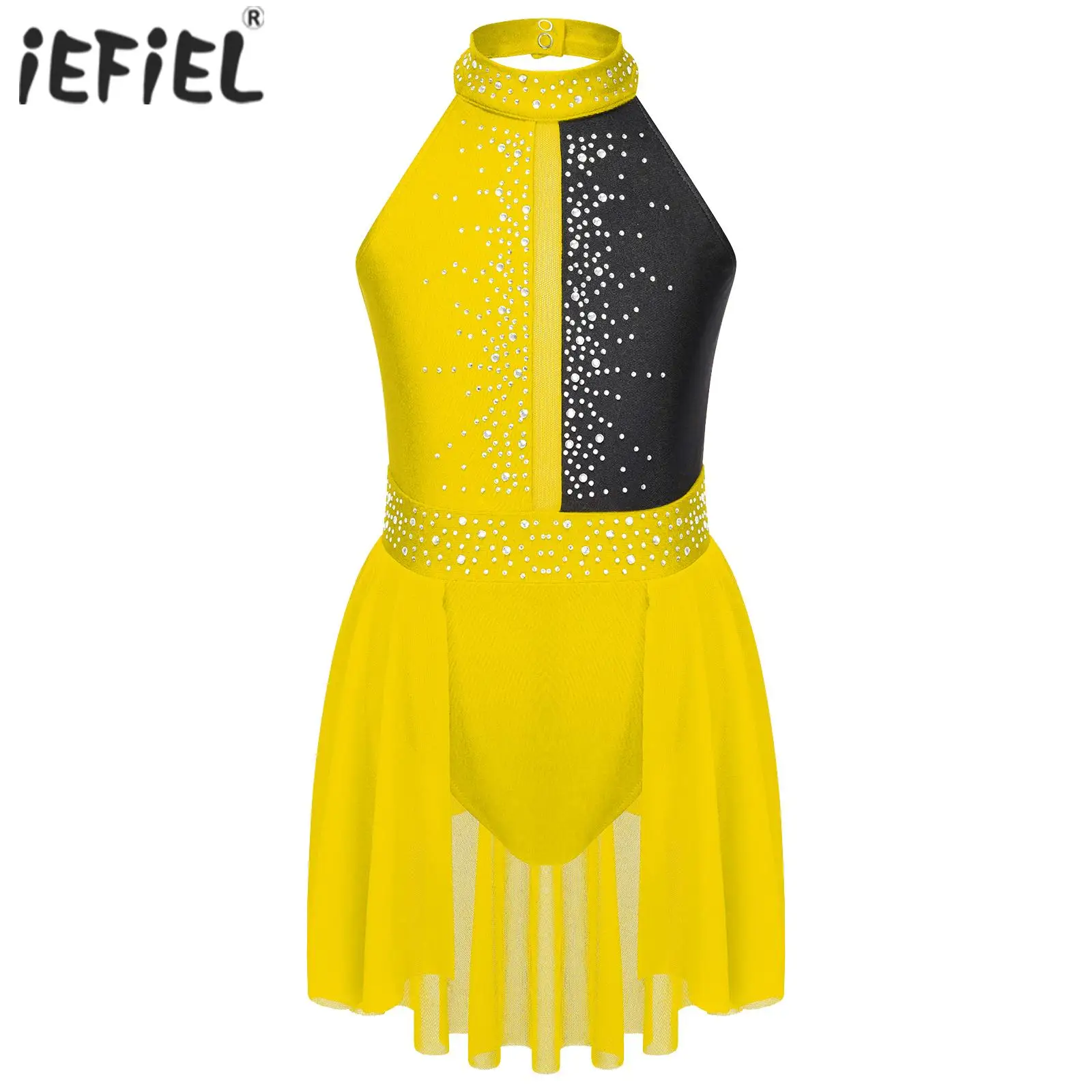 

Kids Girls Ballet Skating Dance Costume Gymnastic Dancewear Round Collar Shiny Rhinestone Decorated Backless Lyrical Dance Dress
