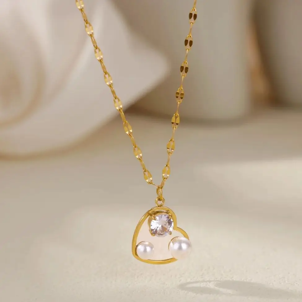 Imitation Pearl Zircon Heart Necklaces For Women