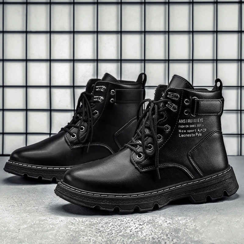 Waterproof Men's Boots Fashion Platform Male Ankle Boots Lace-up Leather Men Boots Outdoor PU Winter Shoes Round Toe Shoes 2023