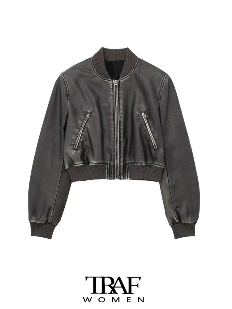 

TRAF Women Fashion Faux Leather Bomber Jacket Coat Vintage Long Sleeve Front Zipper Female Outerwear Chic Tops