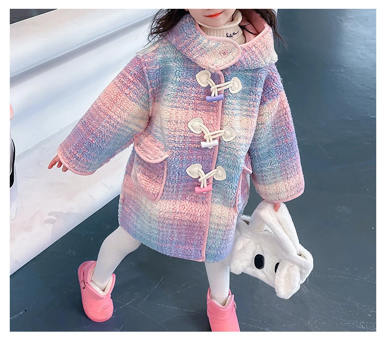 

Pink woolen coat for girls in autumn and winter, new westernized rainbow woolen coat with warm academic style