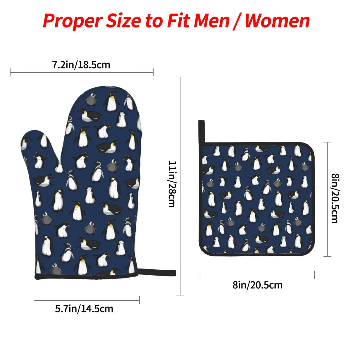 Cute Penguin Pattern Dark Blue Variant Oven Mitts and Pot Holder Sets of 4 for Baking Kitchen Cooking Grilling Resistant Gloves