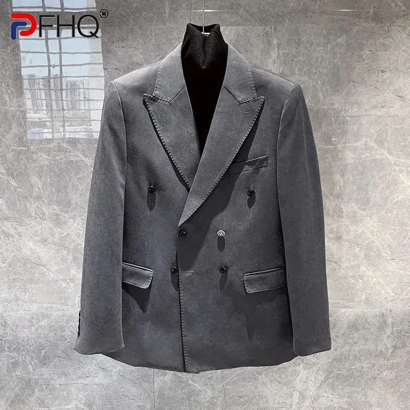 

PFHQ High Quality Slim Double Breasted Blazers For Men's Solid Color Temperament Autumn Business Handsome Suit Jackets 21Z2615