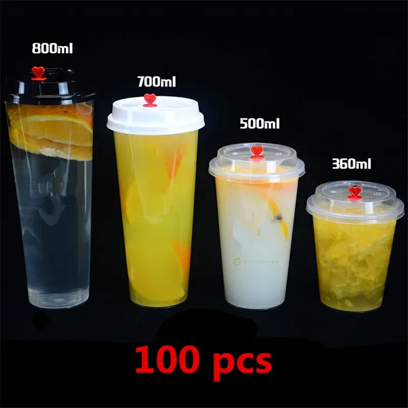 Disposable Transparent Plastic Cup Cold Drink Travel Mug Coffee Juice Tea Cup With Straw Smoothie PVC Juice with Lid 100 pcs plastic cups disposable paper cups