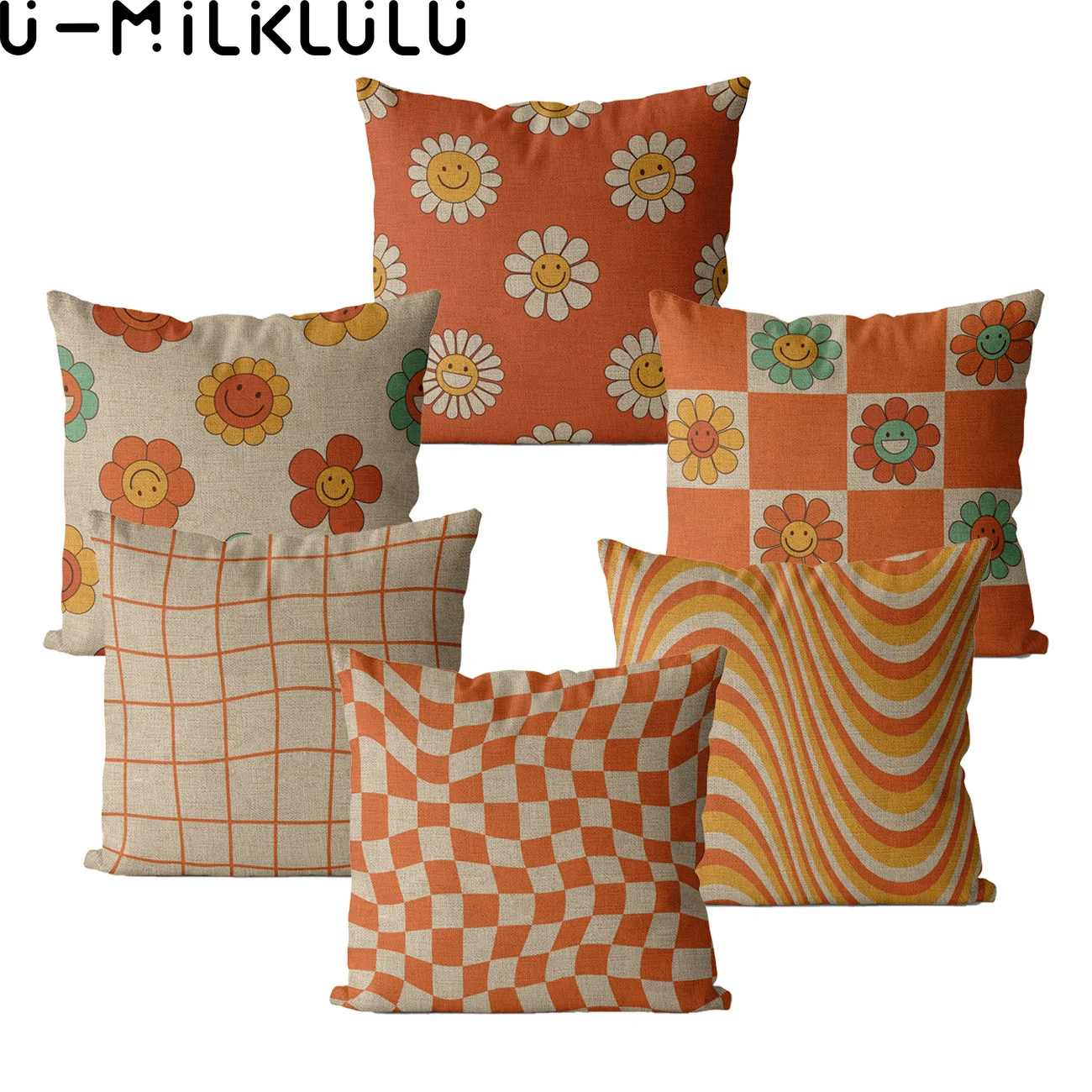 

Cartoon Plaid Flower Smile Geometric Pillow Cover Decorative Couch Cushion Cover 40*40 45X45 Autumn Decoration Orange Pillowcase