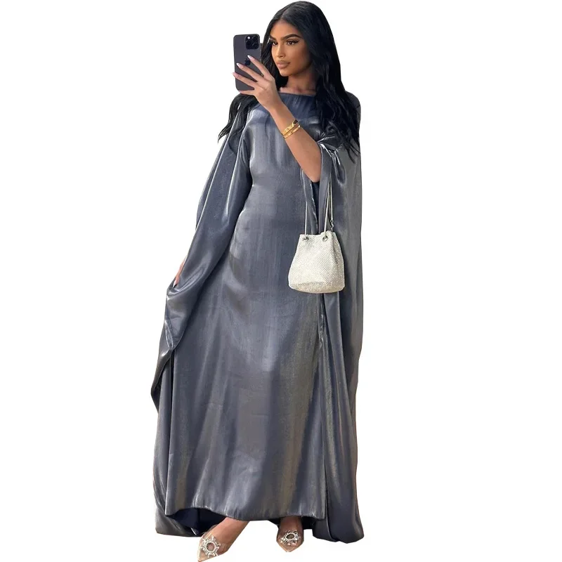 2024 Muslim Dress Women Summer Fashion Muslim Long Sleeve Satin Plus Size Long Abaya Kaftan Abaya Dubai Abaya Muslim Clothes 3