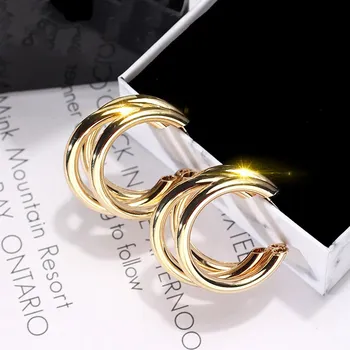Gold Color Smooth Three Circles Hoop Earrings For Women Exaggerated Thick Tube Round Ear Simple Fashion Jewelry Hiphop Rock 2025