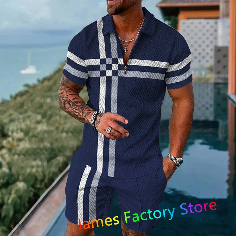 Mens Summer Outfit 2-Piece Set Short Sleeve POLO Shirts and Shorts Set