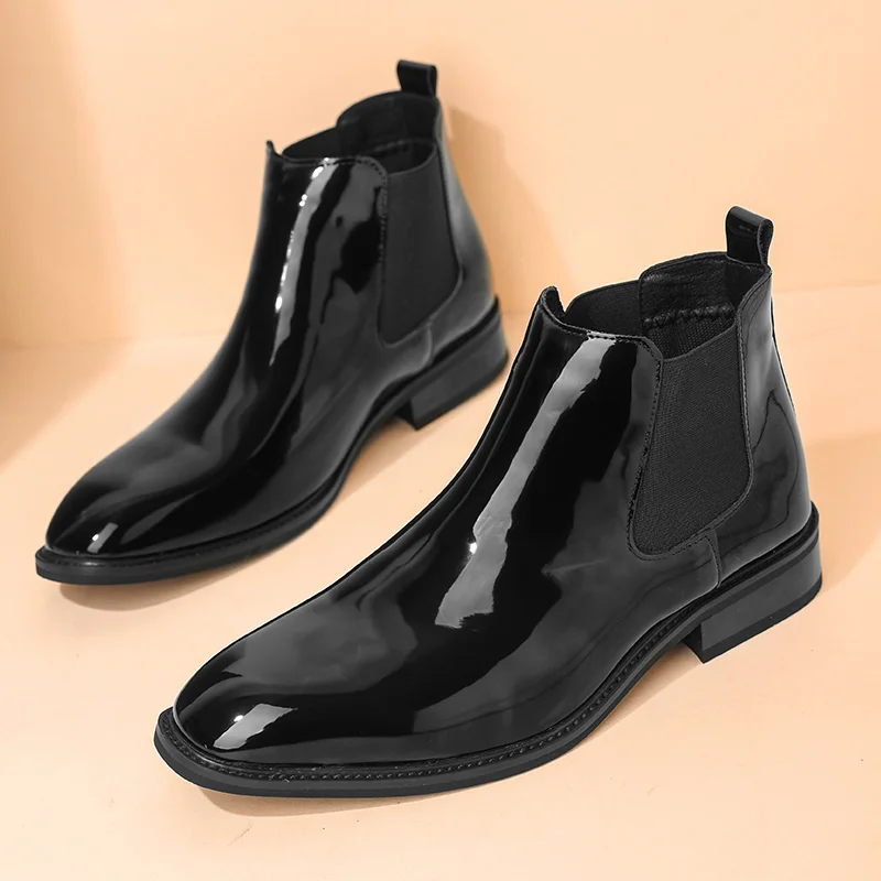 Chelsea Boots for Men Patent Leather Black Buckle Ankle Round Toe Business Classic Handmade Men Short Boots Botas De Hombre