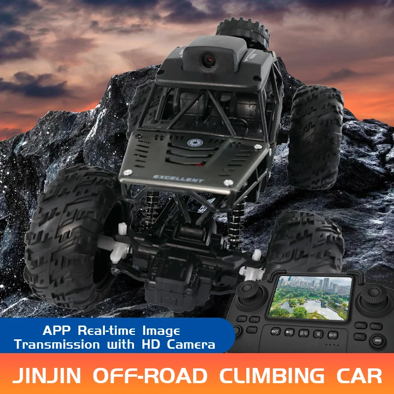 Châssis de voiture RC 4WD 1:16 tout-terrain radiocommandée montrant les suspensions et roues crantées