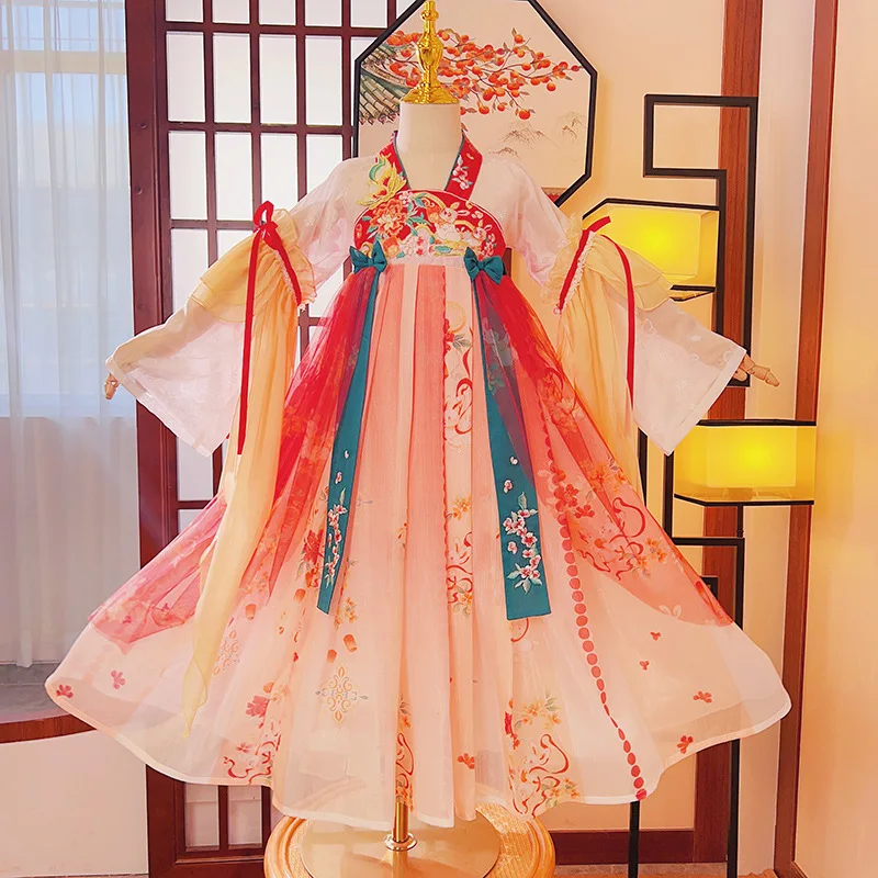 

2024 New Autumn Girls Chinese Style Children's Tang Costume Ancient Chinese Element Red Dress Long sleeved Hanfu Dress