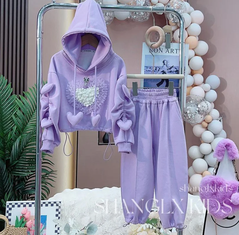 

Retail 2023 New Baby Girls Fall Teenage Casual Sets, Hooded Top + Pants Princess Sweet Suits Girl 4-12T