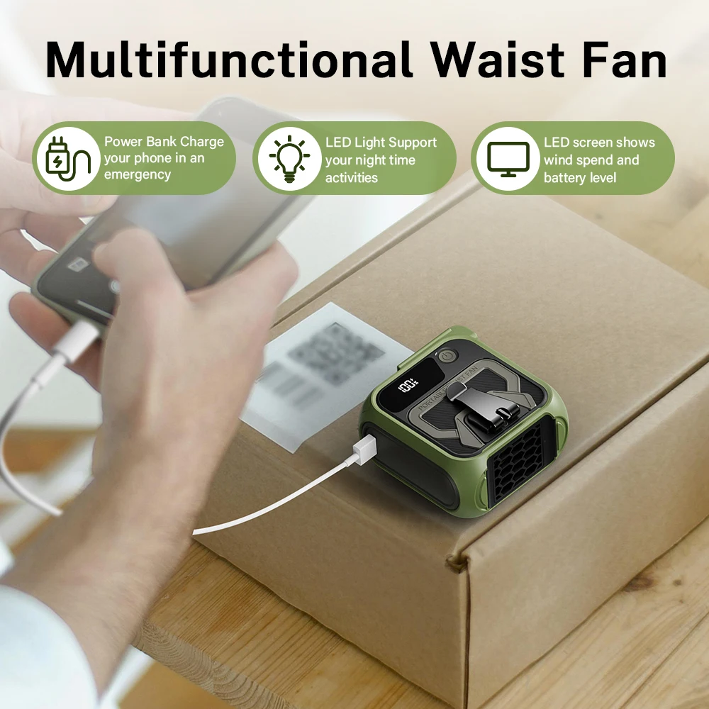 Deelife 10000mAh Wearable Fan Portable Mini Waist Fan 5 Speed USB Rechargeable Waist Clip Emergency Mobile Power for Outdoor