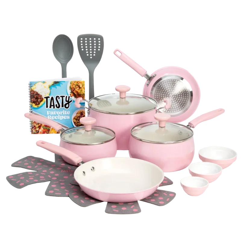 

Andralyn Tasty Clean Ceramic 16 Piece Non-Stick Aluminum Cookware Set, Pink pots and pans