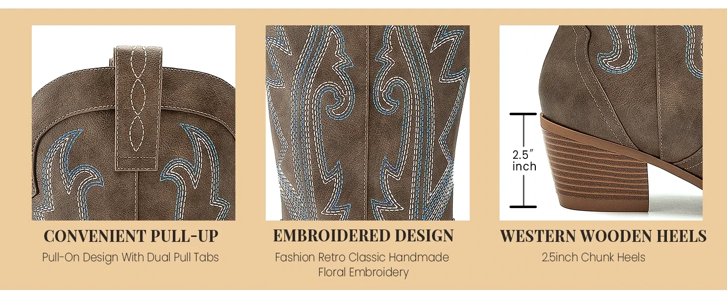 womens brown western cowboy cowgirl boots embroidered pointed toe pull on chunky heel boots