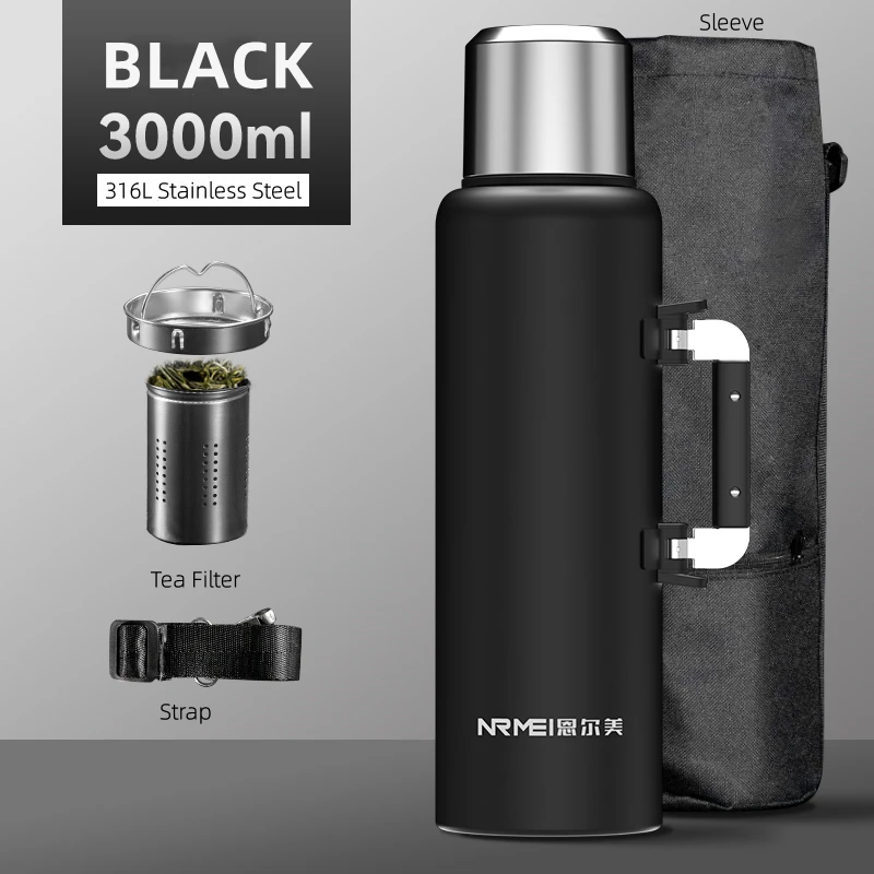 

3L Stainless Steel Water Bottle Portable Sports Bottle Leakproof BPA Free Large Capacity With Bottle Bag and Handle