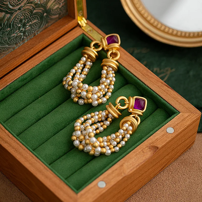 

Light luxury fashion vintage imitation pearl tassel earrings for women