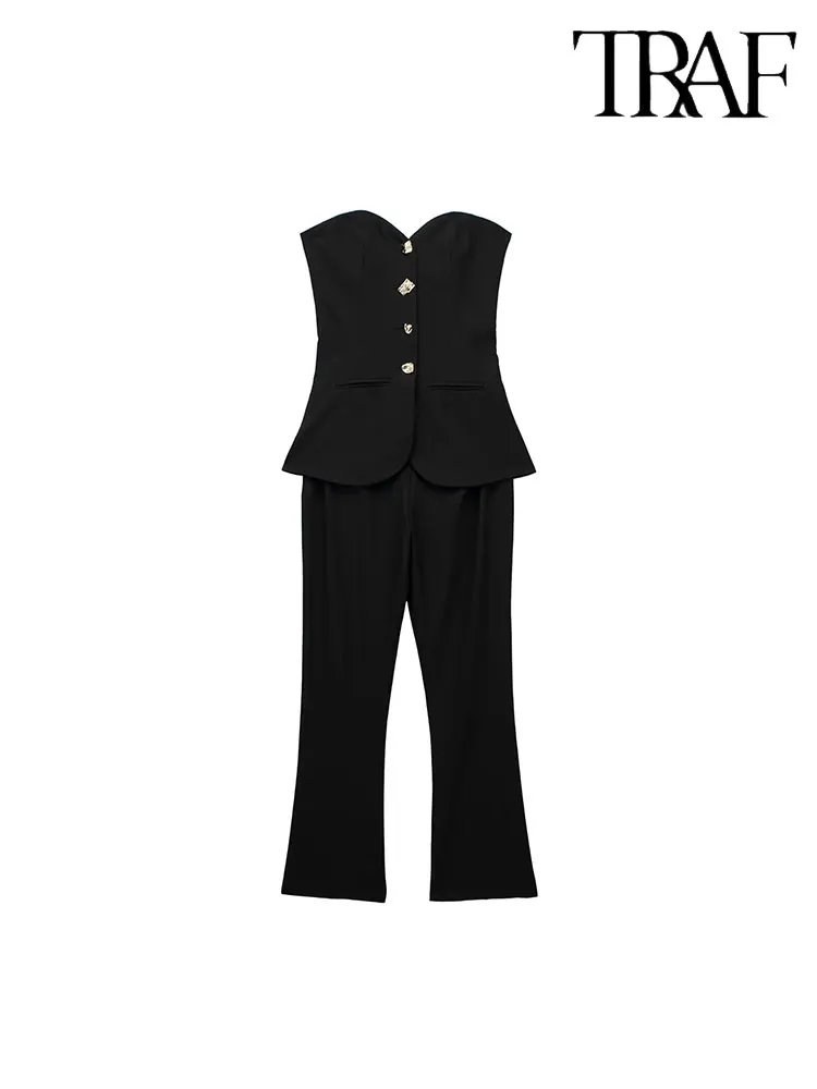 

TRAF 2023 Woman Corset Vest Long Flare Jumpsuits Fashion Sleeveless Vintage Spring Summer Causal Elegant Playsuit Slim Tops