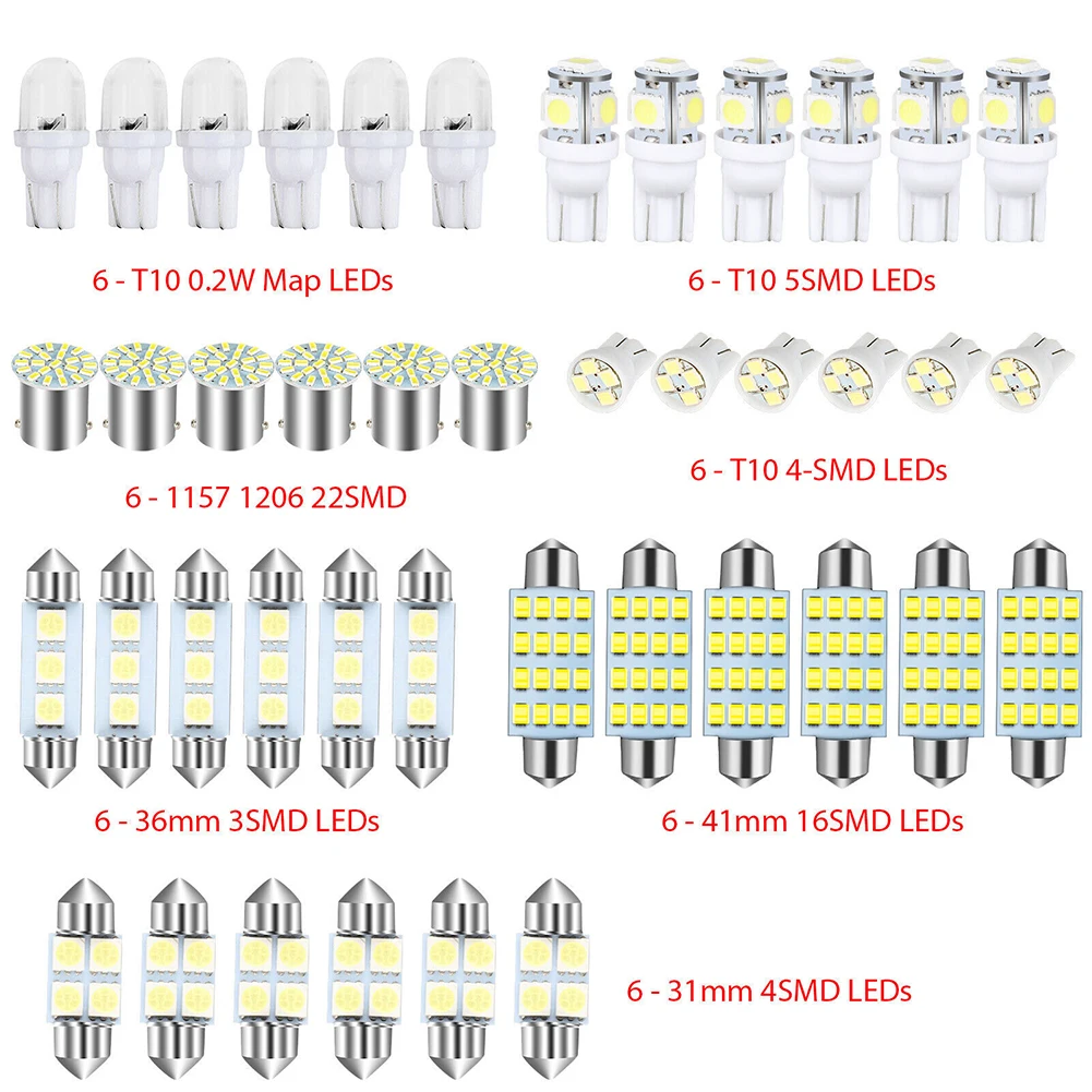 

42pcs New T10 1157 LED Lamp Beads 12V 6000K SMD License Plate/ Reading/ Clearance Light Bulbs White Car Interior Lighting Silver