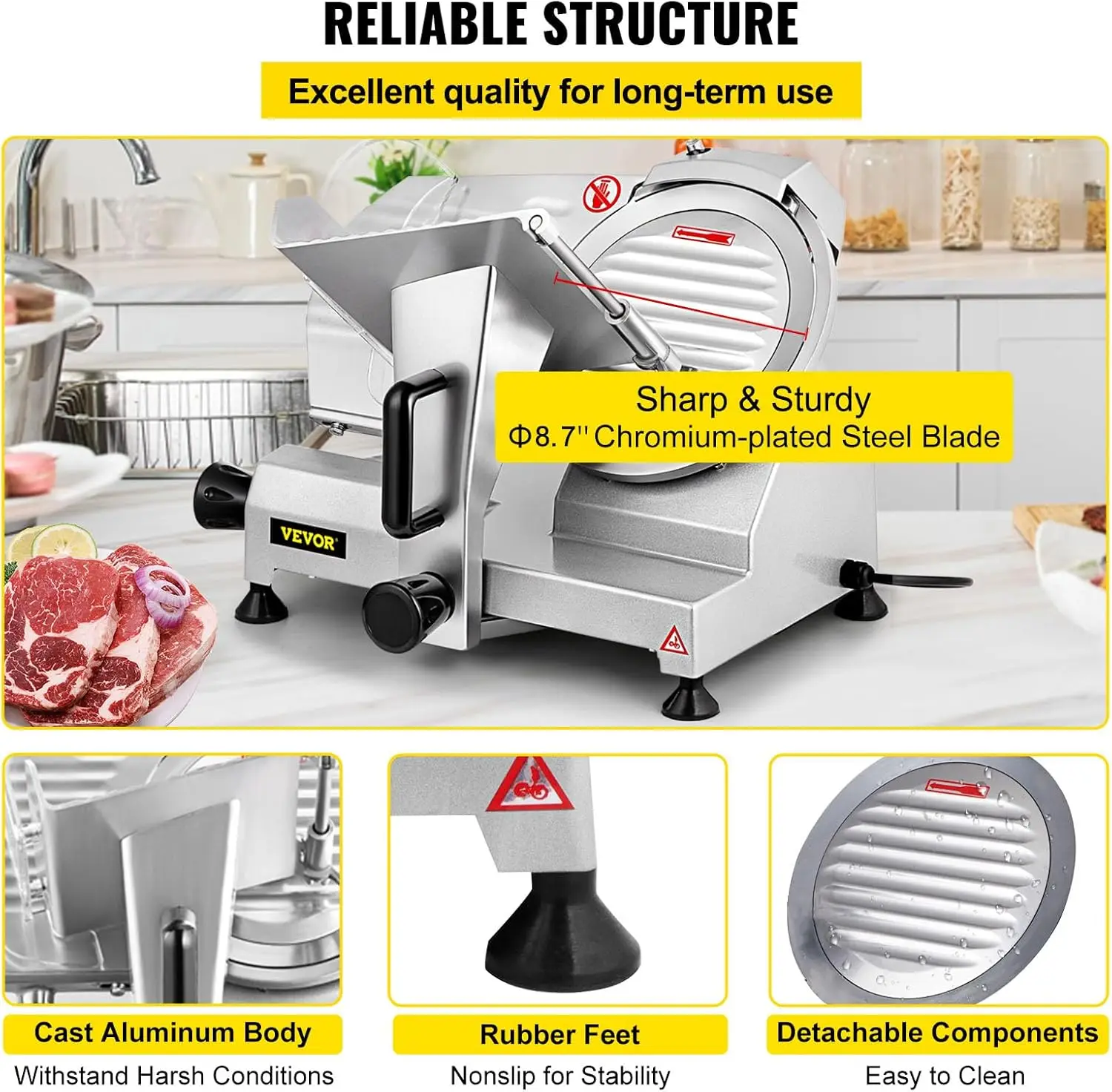 Commercial Meat Slicer, 200W Electric Deli Food Slicer, 1200RPM Meat Slicer with 8.7“ Chromium-plated Steel Blade, 0-12mm Adjust 5