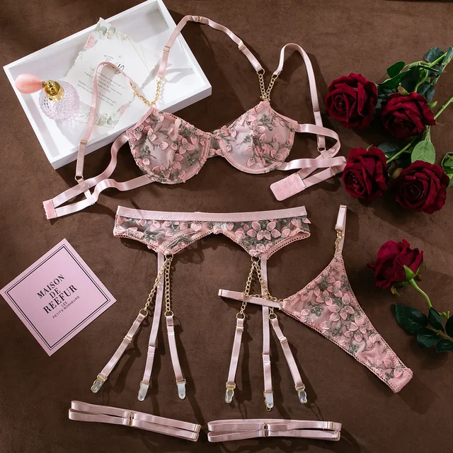 Embroidered Flower Lingerie Three Piece Set 1