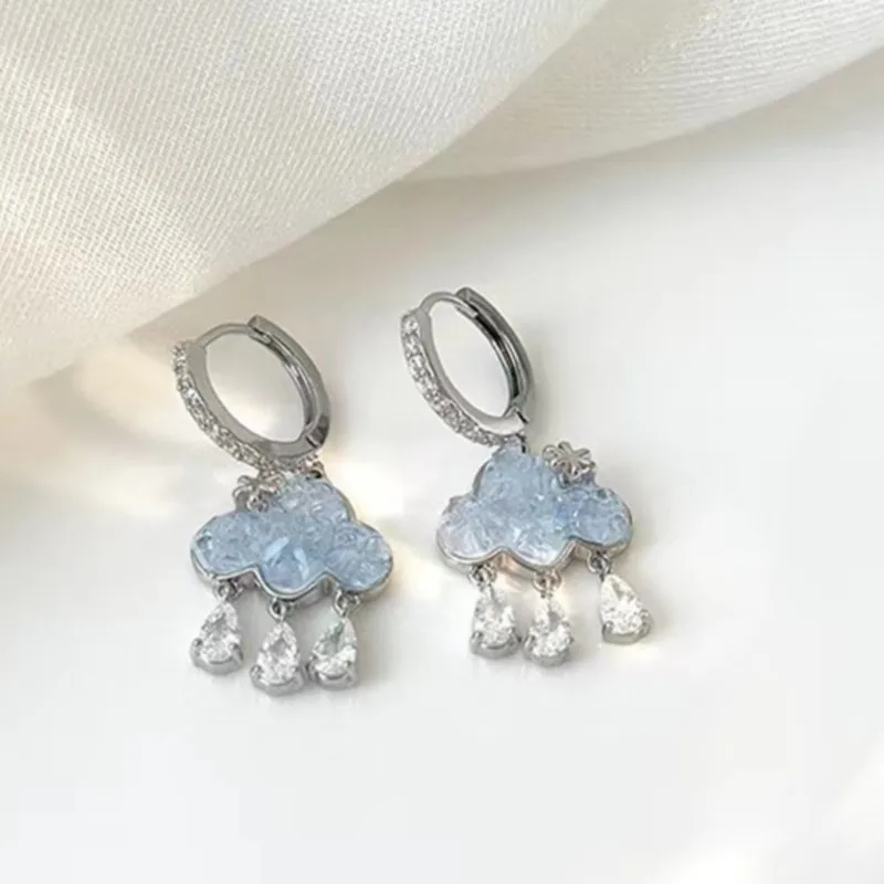 Cute Fashion Blue Zircon Cloud Pendant Hoop Earring for Women Water Drop Huggie Y2K Party Jewelry Accessories