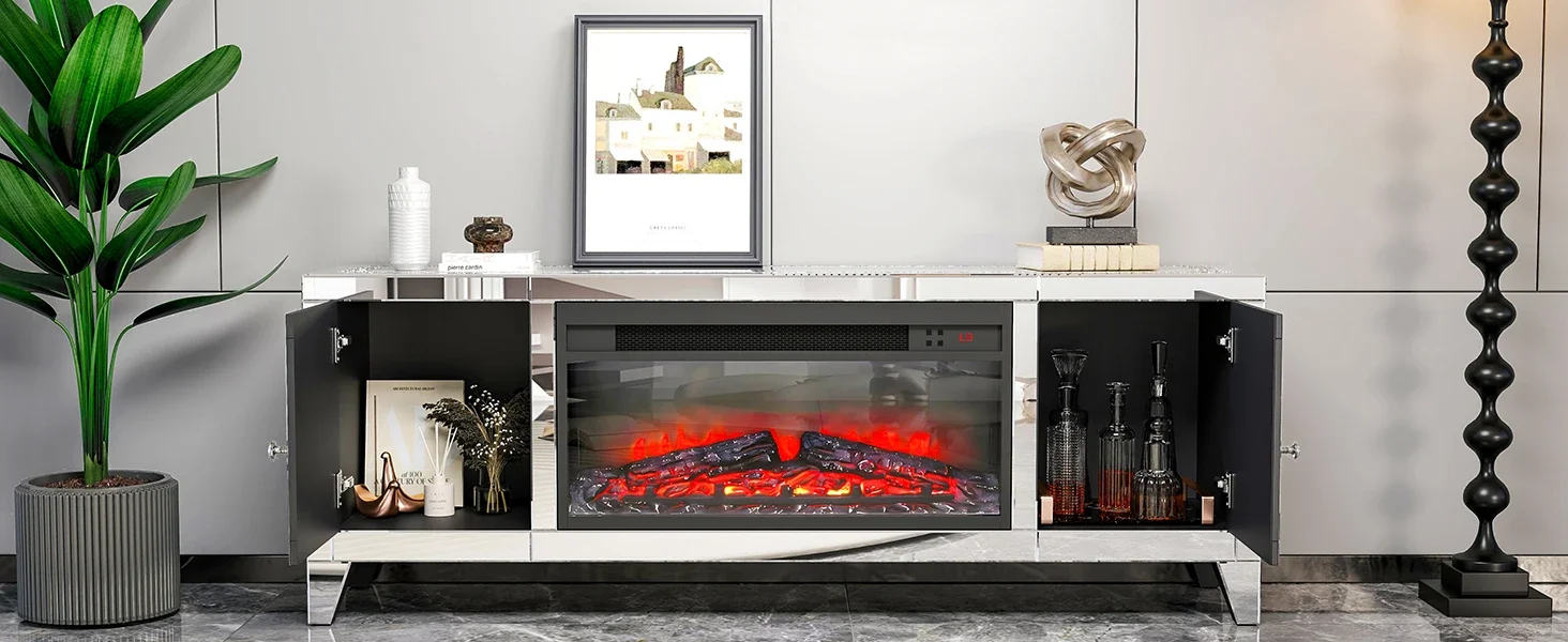Fireplace TV Stand Mirrored Silver TV Stand for 65 Inch TV