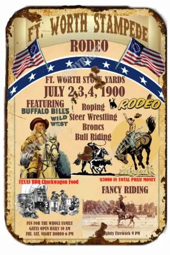 

Фут. Старинный металлический оловянный плакат Worth Stampede Rodeo