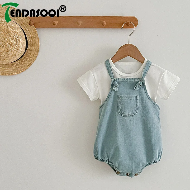 

2024 Summer Cotton Clothing 유아복 Kids Baby Girls Boys Solid Color Top T-shirts+denim Strap Bodysuits Infant Newborn Set 0-2Y