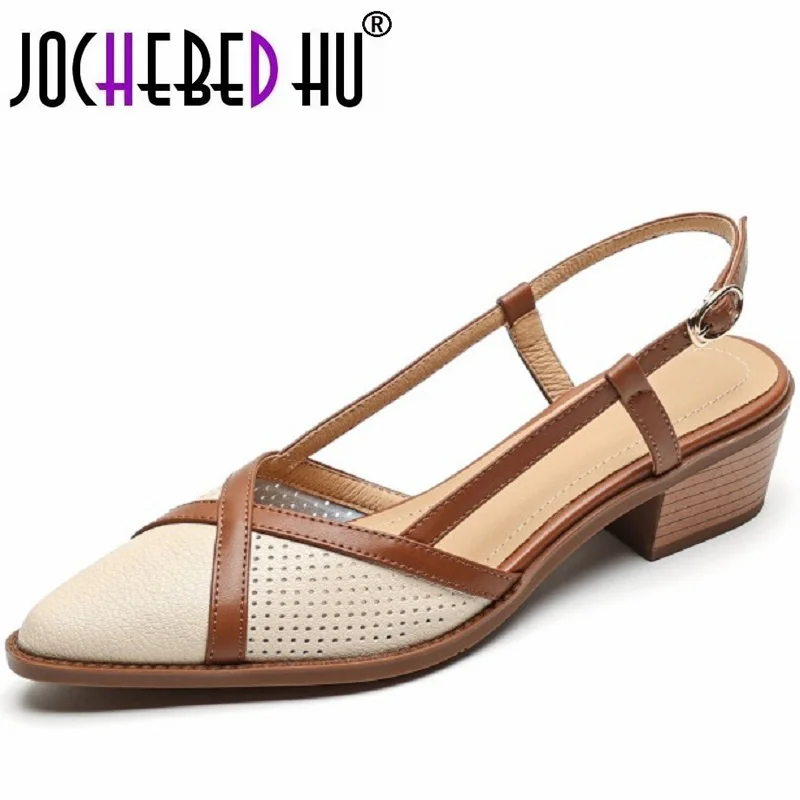 

【JOCHEBED HU】Brand Split Genuine Leather Shoes Women Pointed Toe Chunky Heel Sandals Summer Shoes for 33-40