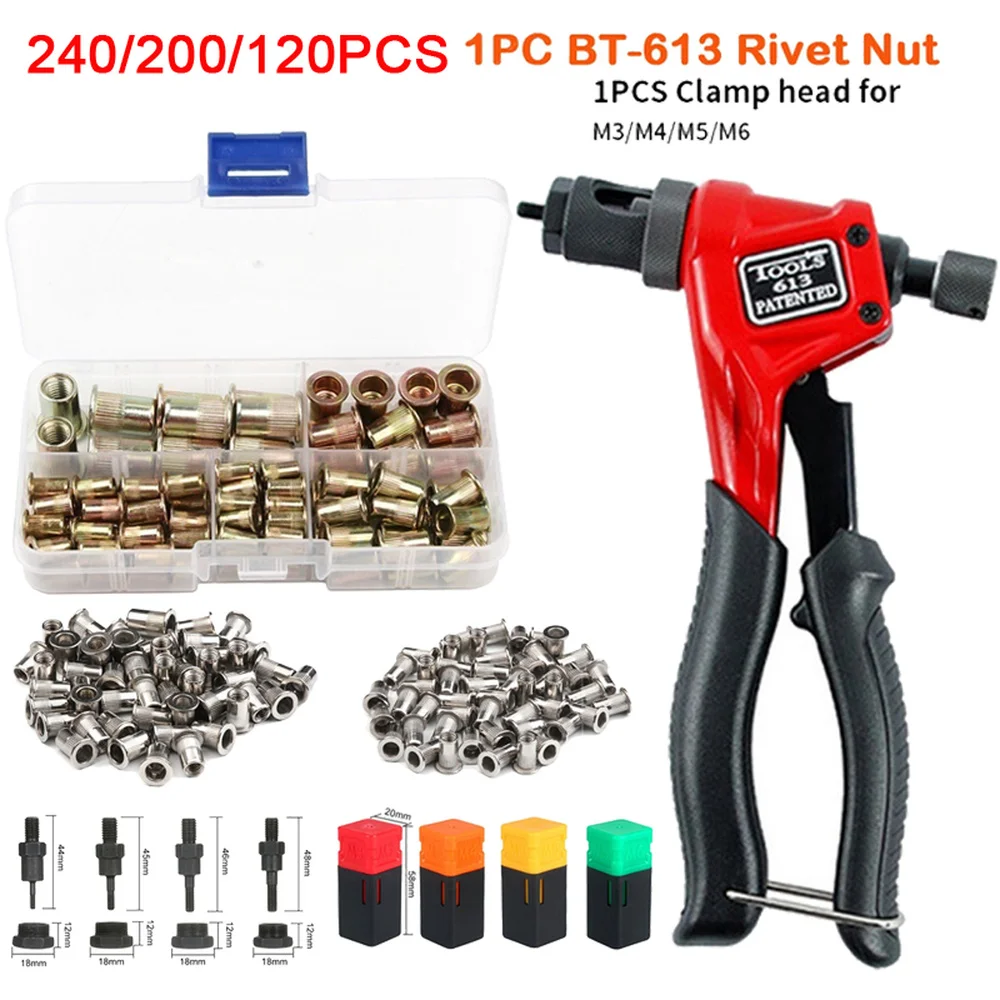 Cabeça Plana de Porca Rebite Conjunto Inserção Reveting Porca Rebite com 1pc Bt613 Friso Alicate Aço Inoxidável 240 120 100 Peças m3 m4 m5 m6