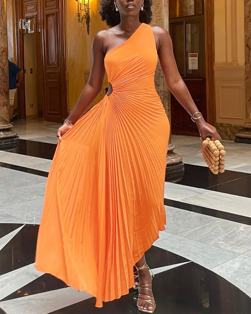 

One Shoulder Long Pleated Sexy Evening Dress Sleeveless Elegant Fashion Hollow Dresses Robe Summer Cut Out Party Vestidos Women