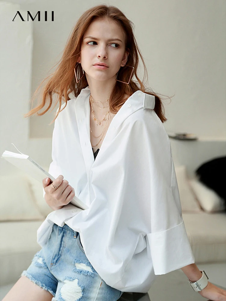 AMII Minimalism Oversize Women's Shirt 2024 Summer New 100% Cotton Loose 4 Colors Chic Elegant and Youth Woman Blouses 12312007