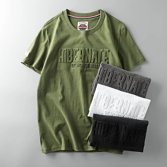 Summer American Retro Short-sleeved O-neck 3D Letter Printed T-shirt Men's Fashion Simple 100% Cotton Washed Casual Sport Tops 2