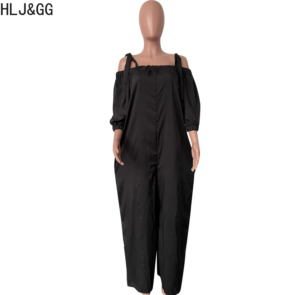 HLJ&GG Black Casual Off Shoulder Loose Wide Leg Pants Jumpsuits Women Strap Long Sleeve Playsuits Autumn Female Solid Overalls