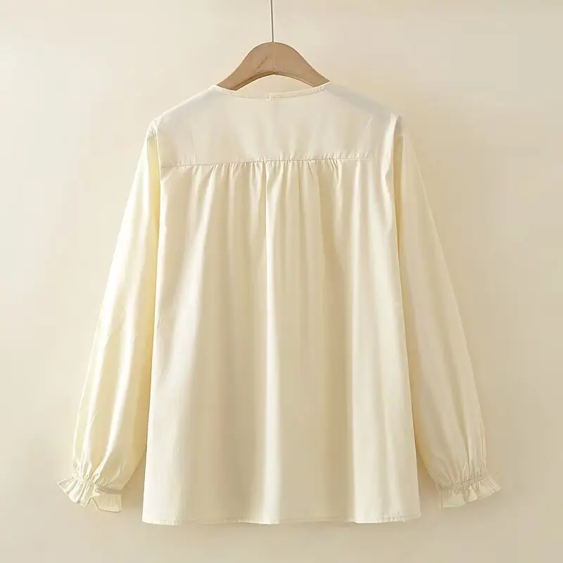 XXXXL Fashion Plus Size Women's Shirt 2025 Autumn Stylish V-neck Ruffle Hollow Out Long Sleeved Cotton Blouses 8083