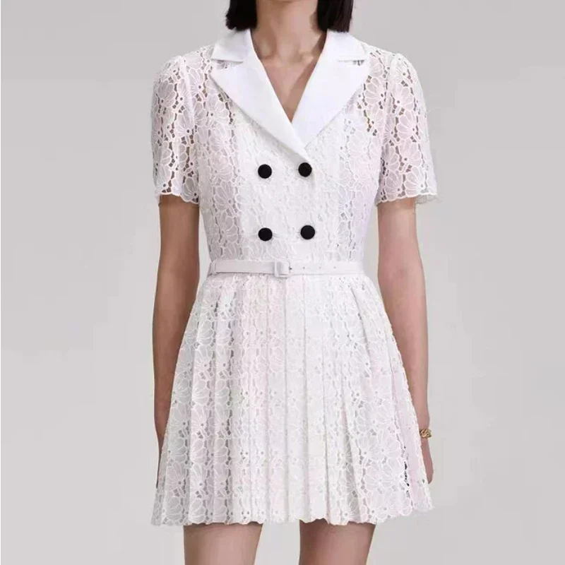 

2023 Autumn and Winter Sweet Lace Embroidered Double-Breasted Waist Mini Dress