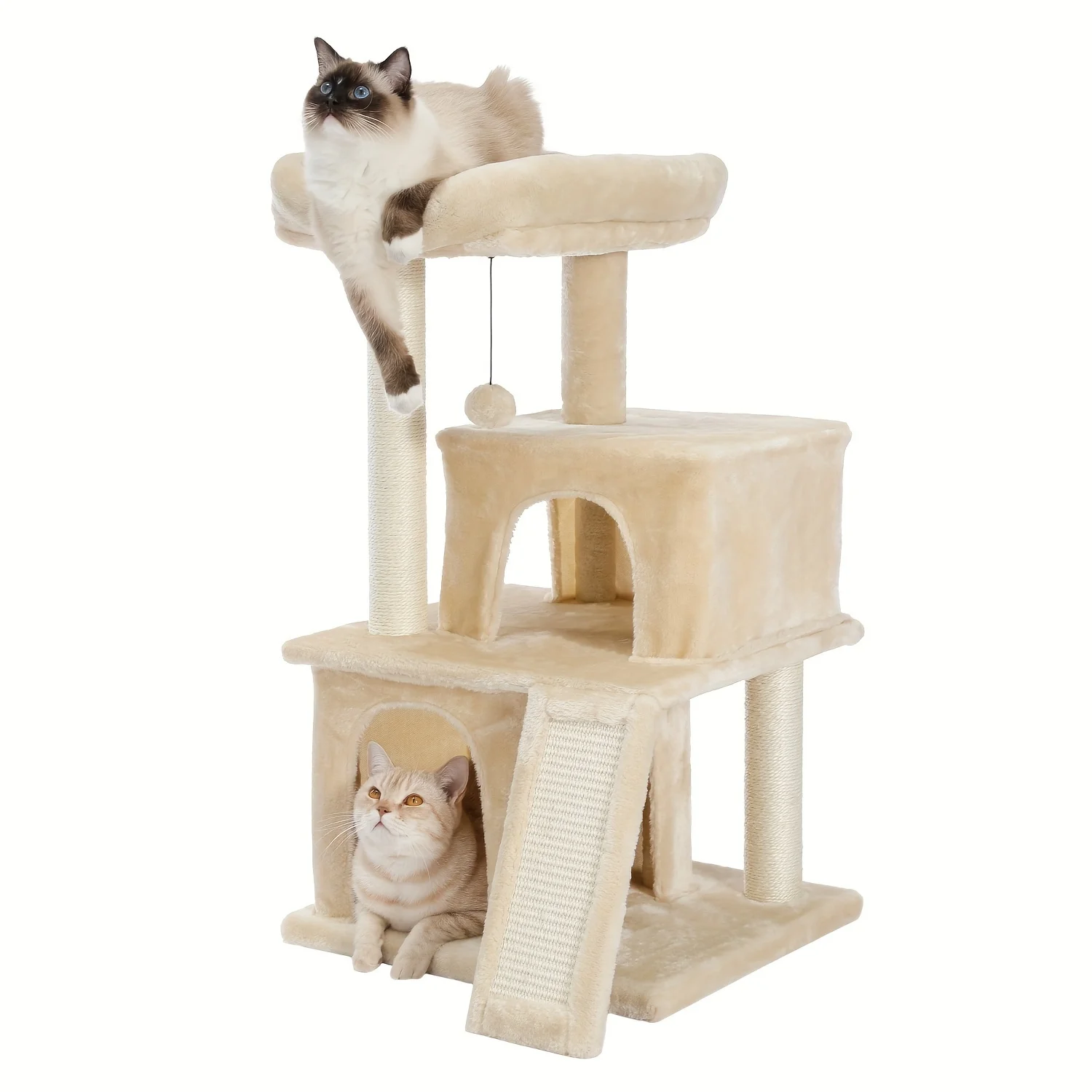 

Luxury Beige Cat Tree With 4 Levels - Sturdy Multi-Layered Indoor Cat Tower With 2 Condos, Sisal-Covered Scratching Posts, Inter