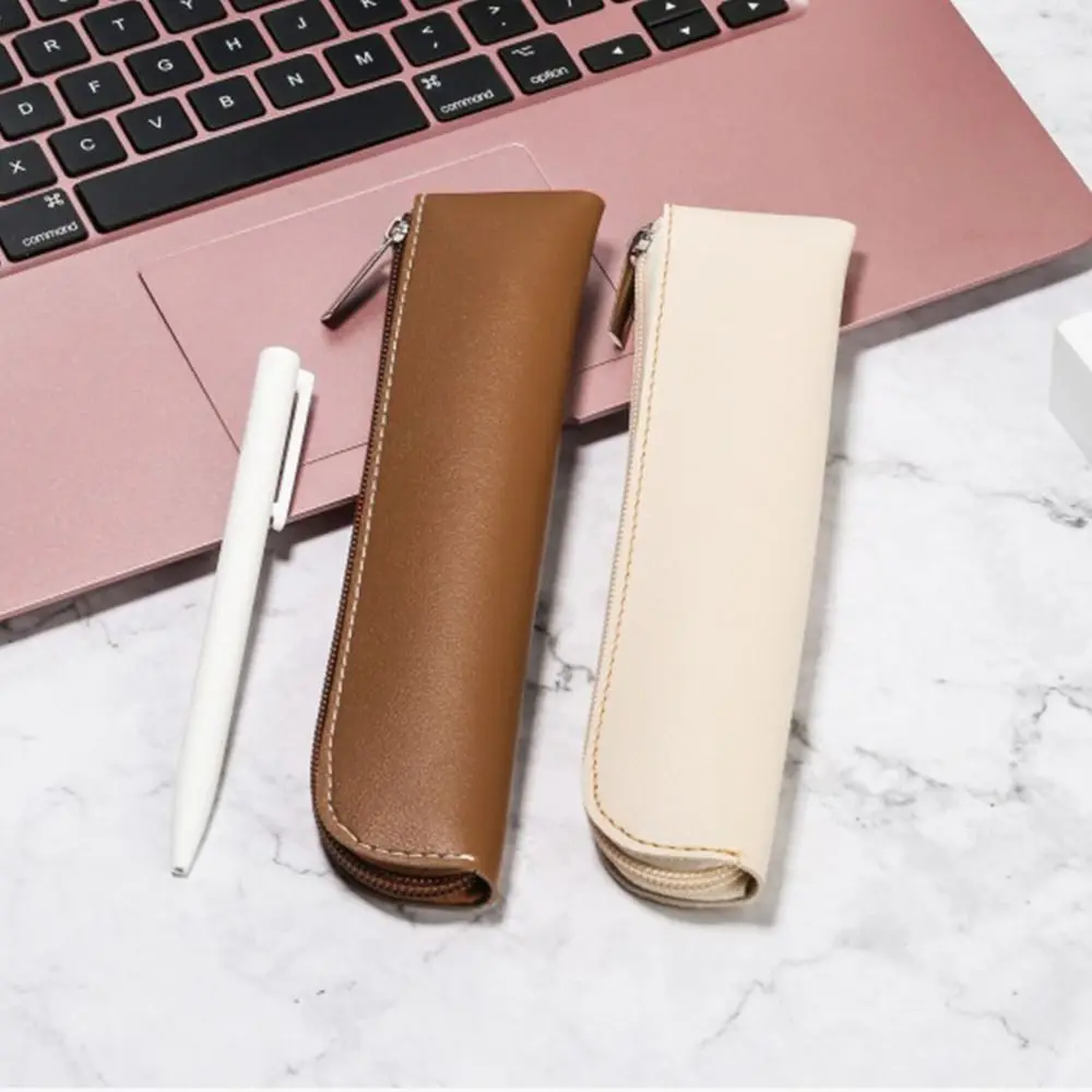 PU Leather Pen Pouch Solid Color PU Pencil Bags Large Capacity Pen Bags Holder Zipper Pencil Case Lightweight Office Supply