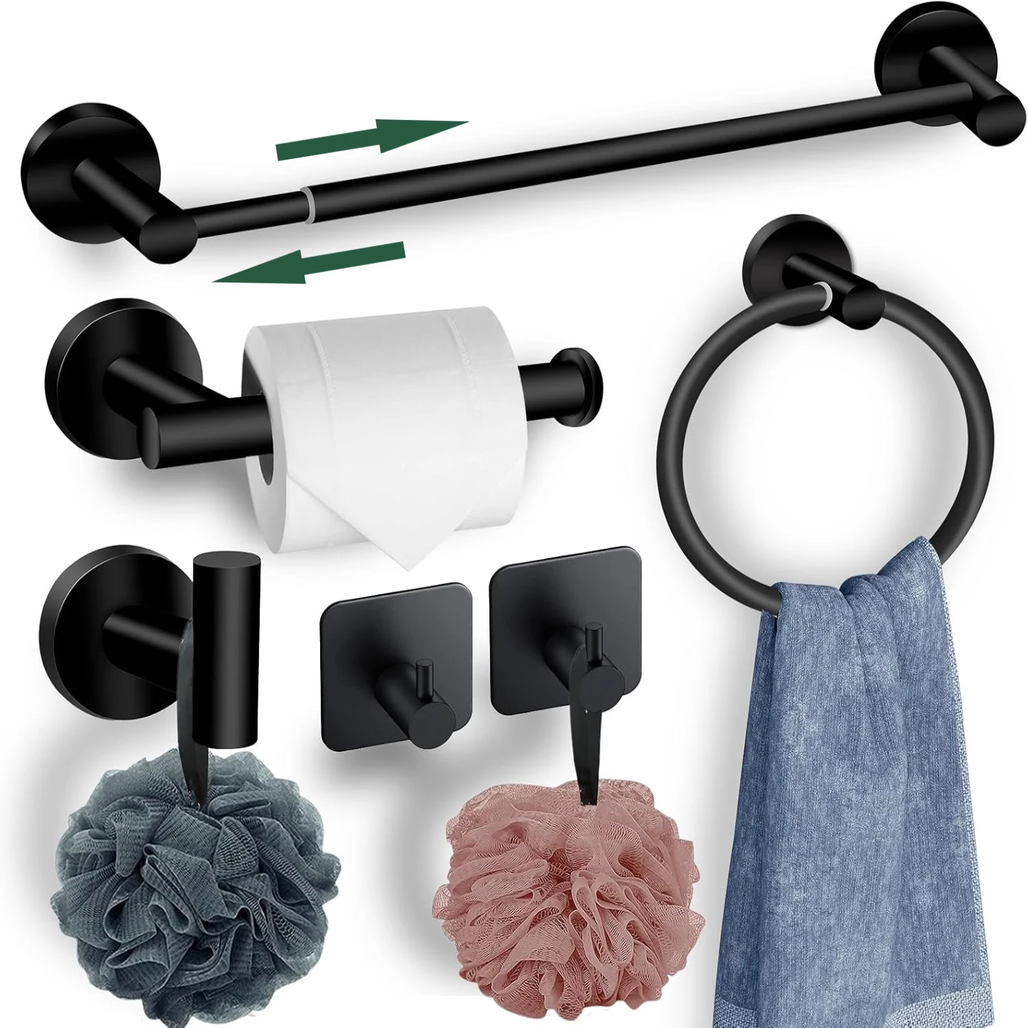 304 Stainless Steel Bathroom Hardware Set Brushed Nickel Adjustable Towel Bar Towel Ring Toilet Paper Holder Robe Hook