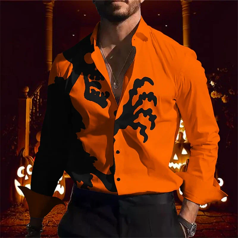 

2024 New Halloween Shirts for Men Fashion Skull Men's Shirt Pumpkin Vintage Button Top Soft Comfortable Blouses Luxury Clothes