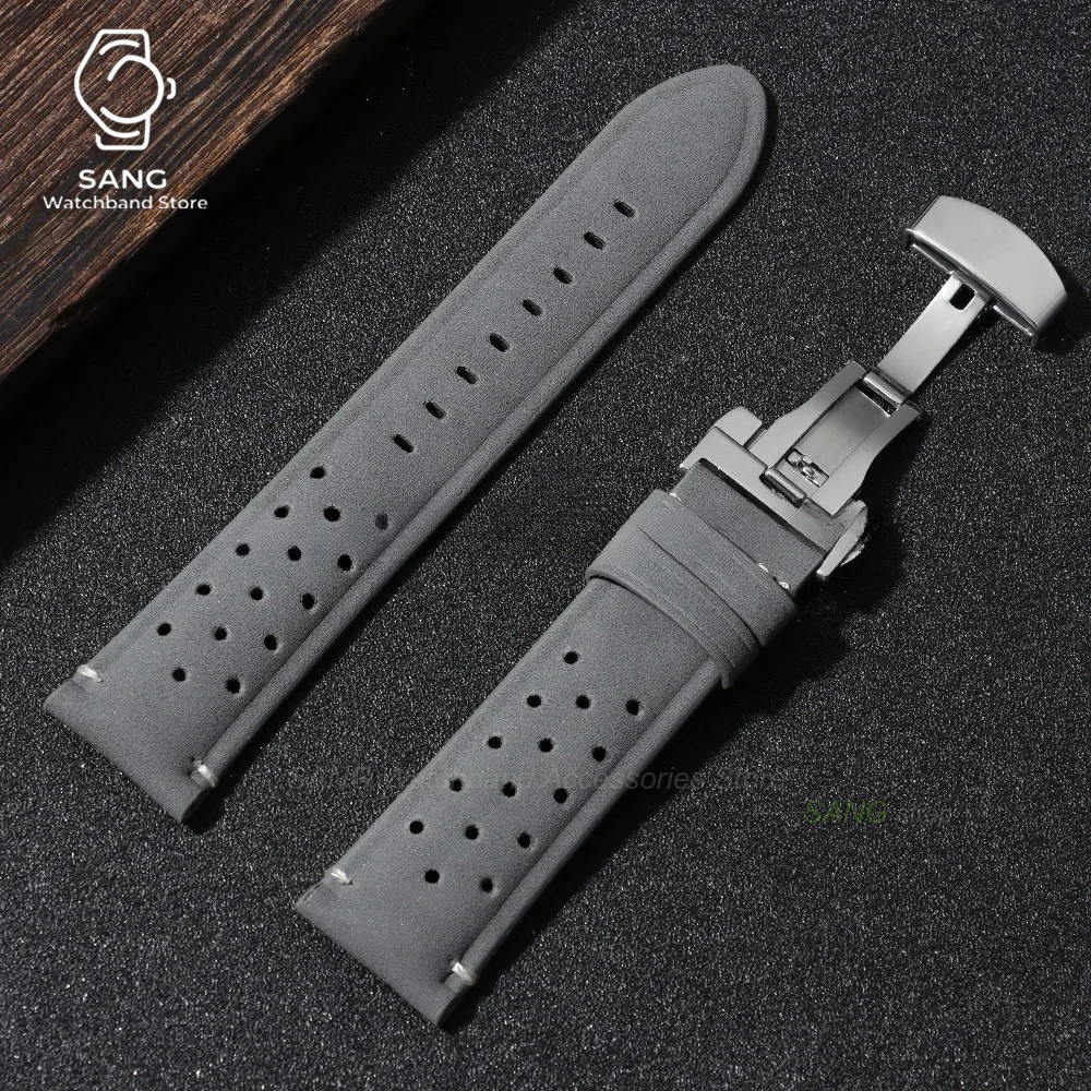 Vintage Brown Leather Strap with Butterfly Buckle - Breathable Business Watch Band Bracelet in Matte Finish