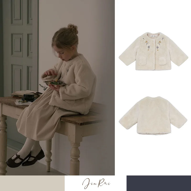 

Pre Sale LOU Embroidered Fur Coat 2023 Winter Solid Color Girls' Embroidered Coat Medium and Small Children's Coat