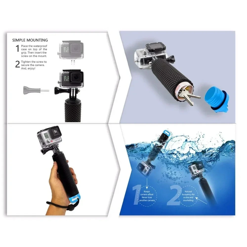 Support de poignée pour caméra d'action GoPro, blanc/noir, PVC durable