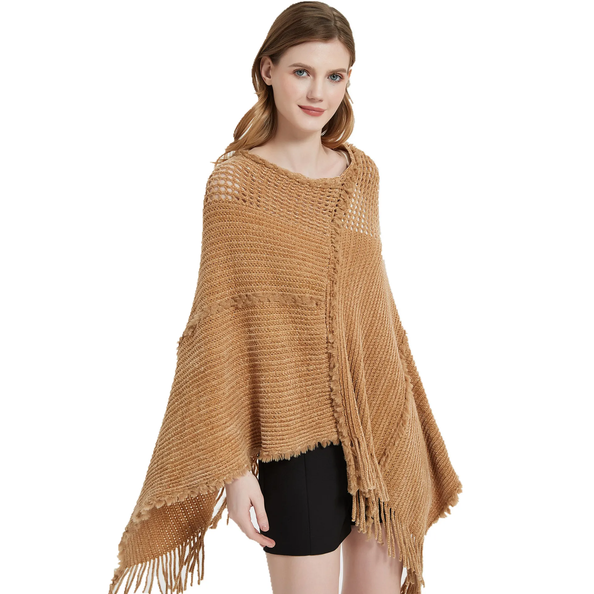 

New European American Women's Pullover Shawl Spring Autumn Winter Bat Sweater Solid color Hollow Knitted Shawl