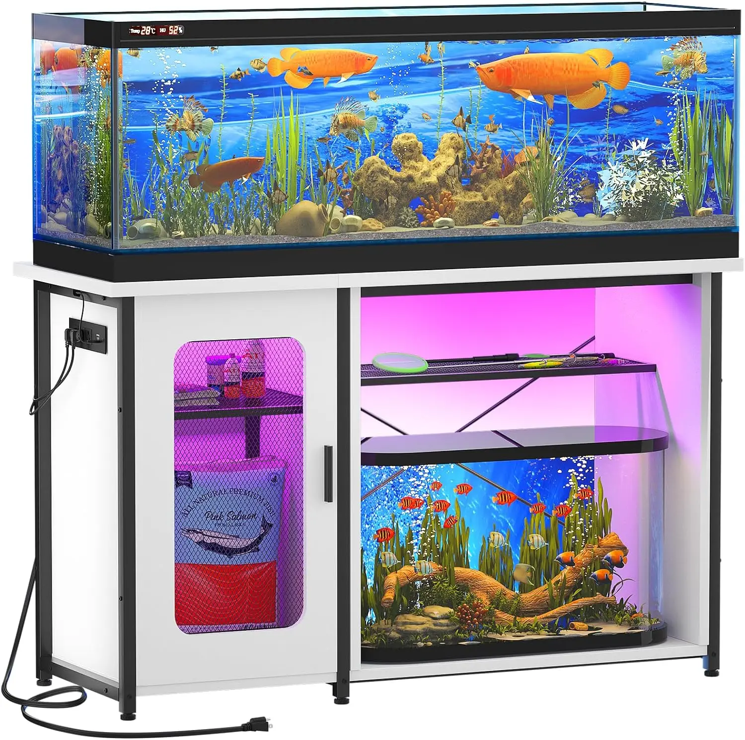 

55-75 Gallon Fish Tank Stand with Power Outlets & LED Light, Reversible Heavy Duty Metal Aquarium Stand with Cabinet for Fish